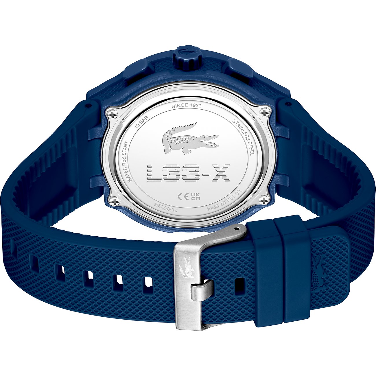 Rückseite einer Lacoste Herrenuhr mit Krokodil-Logo und L33-X Gravur auf dem Edelstahlboden, blaues Kunststoffarmband.