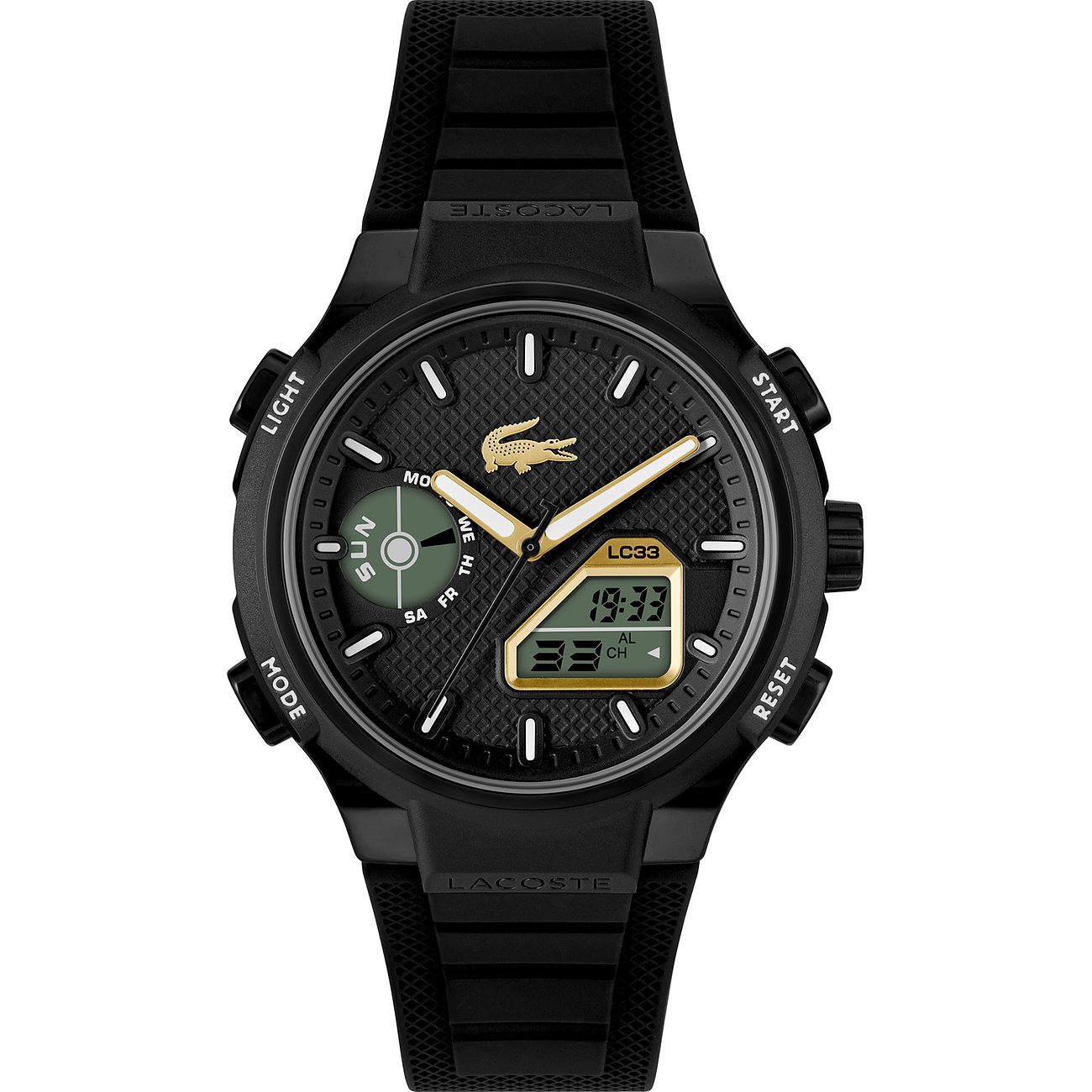 Eine schwarze Lacoste Herrenuhr aus Edelstahl und Kunststoff mit analoger und digitaler Anzeige auf weißem Hintergrund.