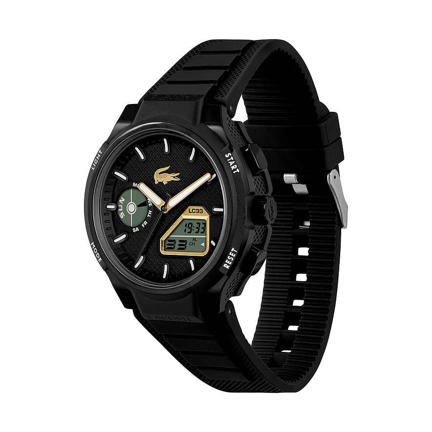 Eine schwarze Lacoste Herrenuhr aus Edelstahl und Kunststoff, die eine Digital- und Analoganzeige hat.
