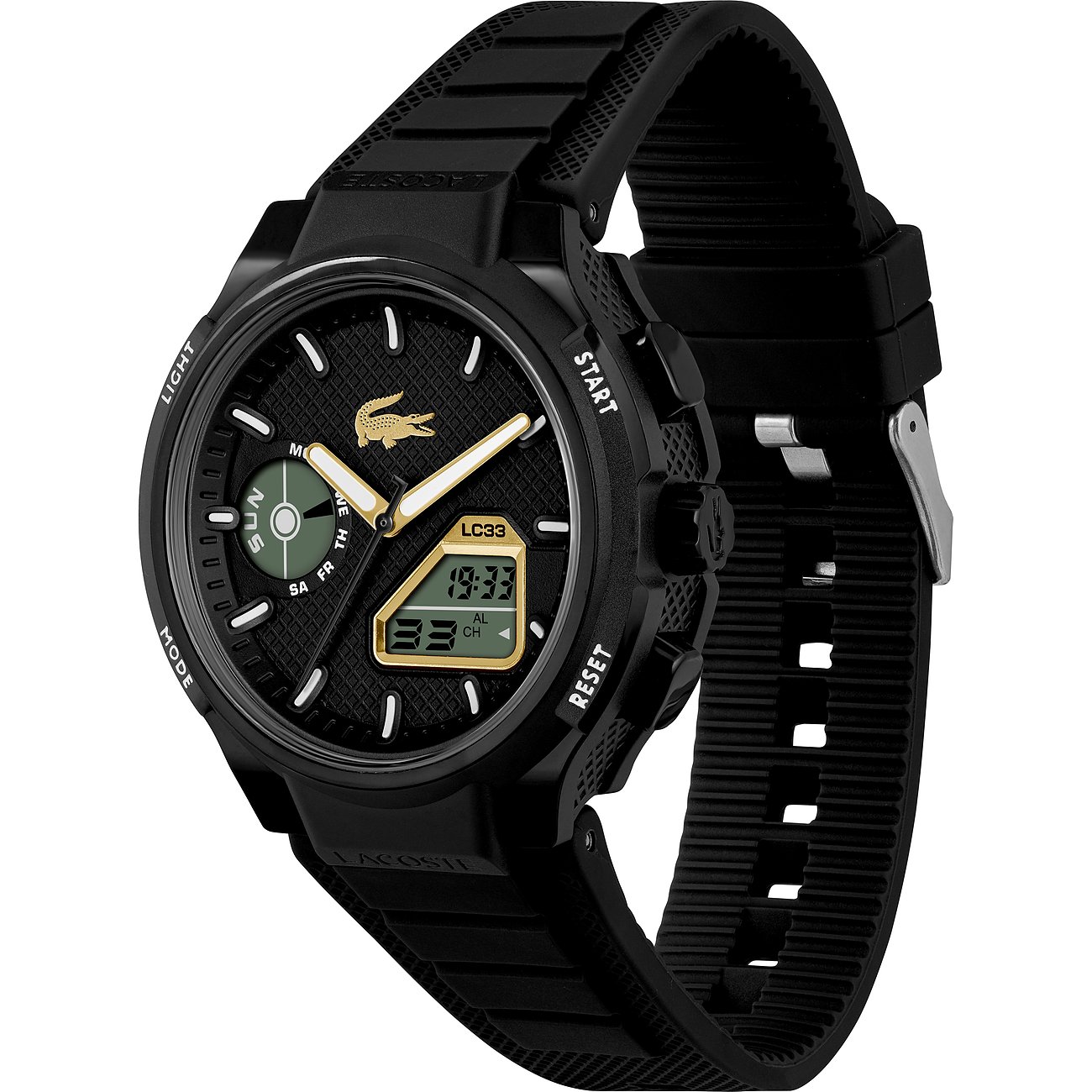 Eine schwarze Lacoste Herrenuhr aus Edelstahl und Kunststoff, die eine Digital- und Analoganzeige hat.