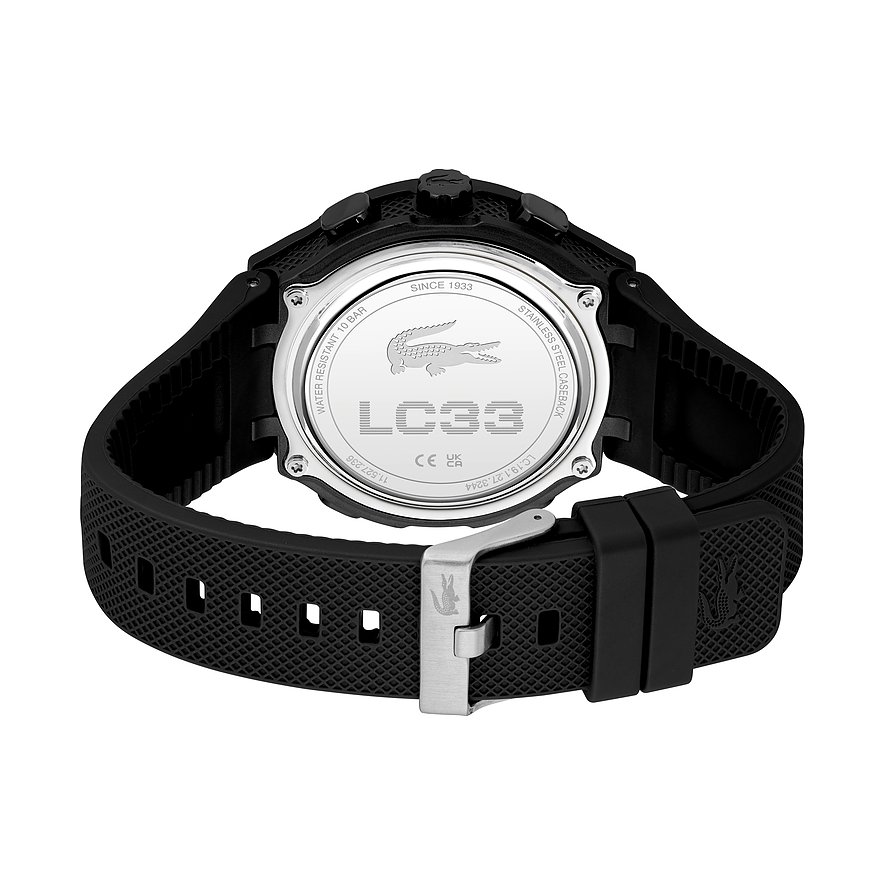 Rückansicht der Lacoste Herrenuhr mit Krokodil-Logo und LC33 auf dem Edelstahl-Gehäuseboden.