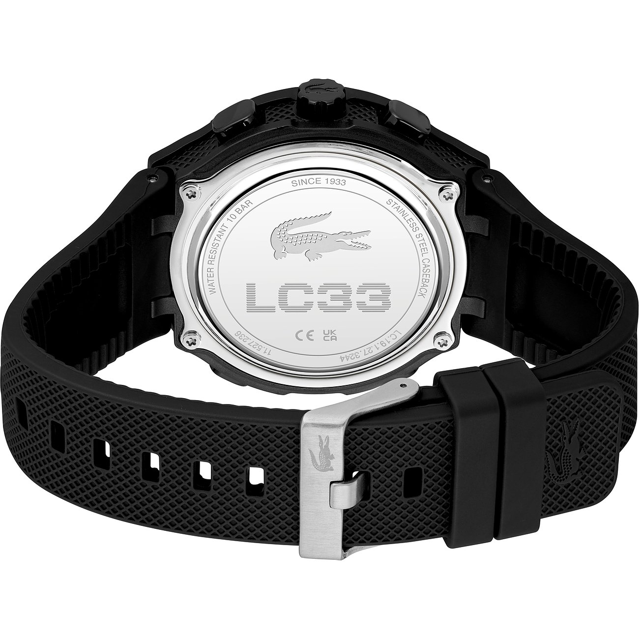 Rückansicht der Lacoste Herrenuhr mit Krokodil-Logo und LC33 auf dem Edelstahl-Gehäuseboden.