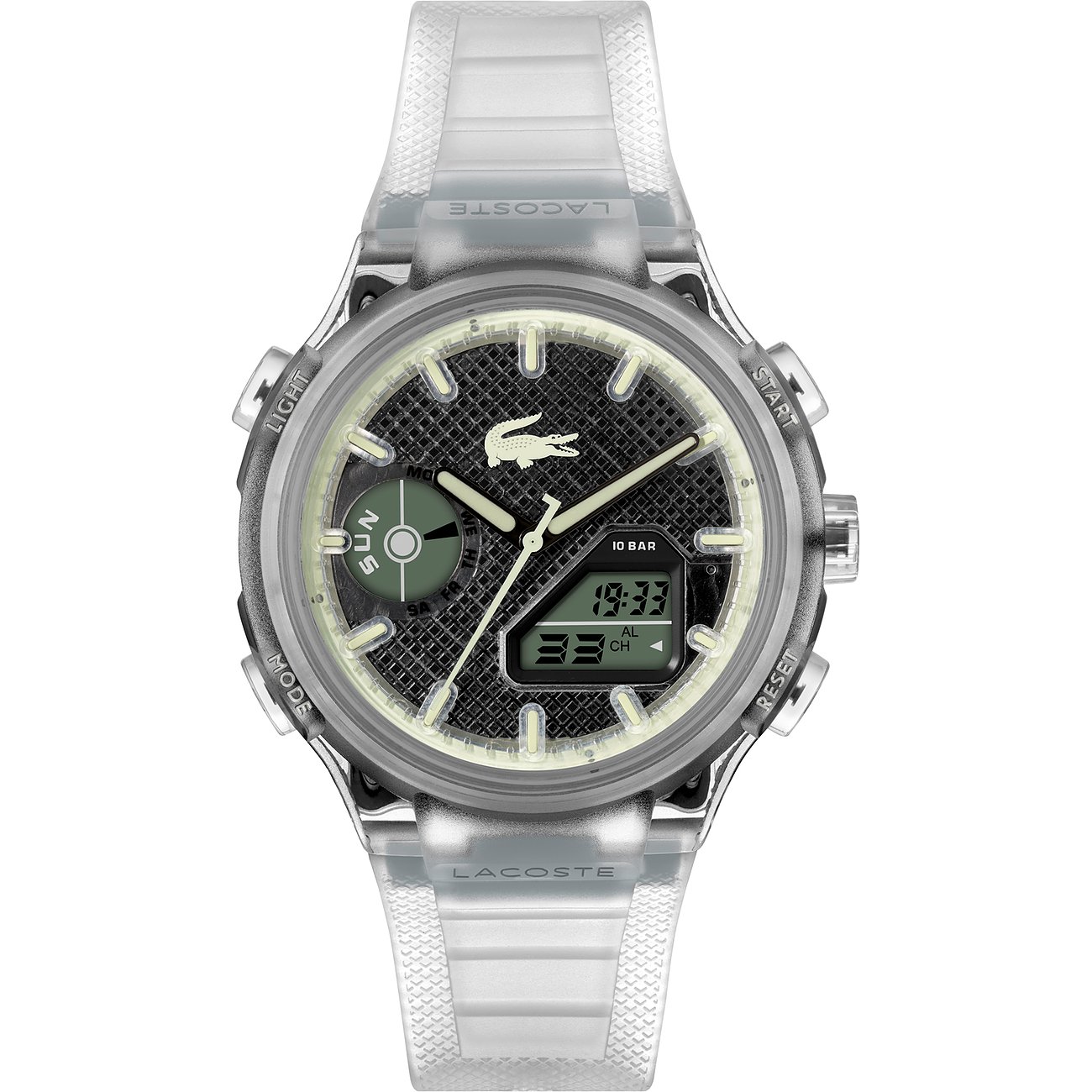 Lacoste Herrenuhr aus Edelstahl und Kunststoff mit weißem Armband und schwarzen Zifferblatt.