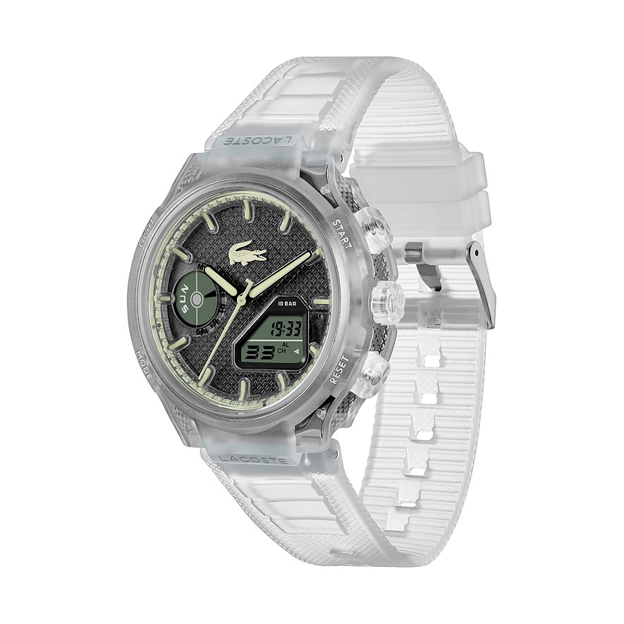 Lacoste Herrenuhr: Edelstahl-Lünette, transparentes Kunststoffarmband, schwarzes Zifferblatt mit digitaler/analoger Anzeige.