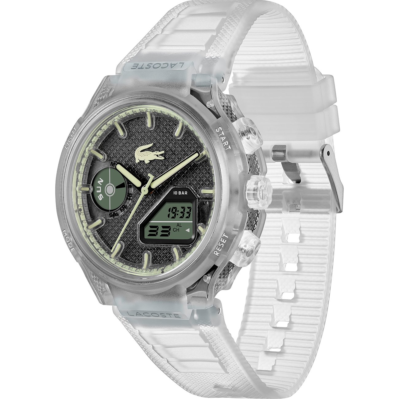 Lacoste Herrenuhr: Edelstahl-Lünette, transparentes Kunststoffarmband, schwarzes Zifferblatt mit digitaler/analoger Anzeige.