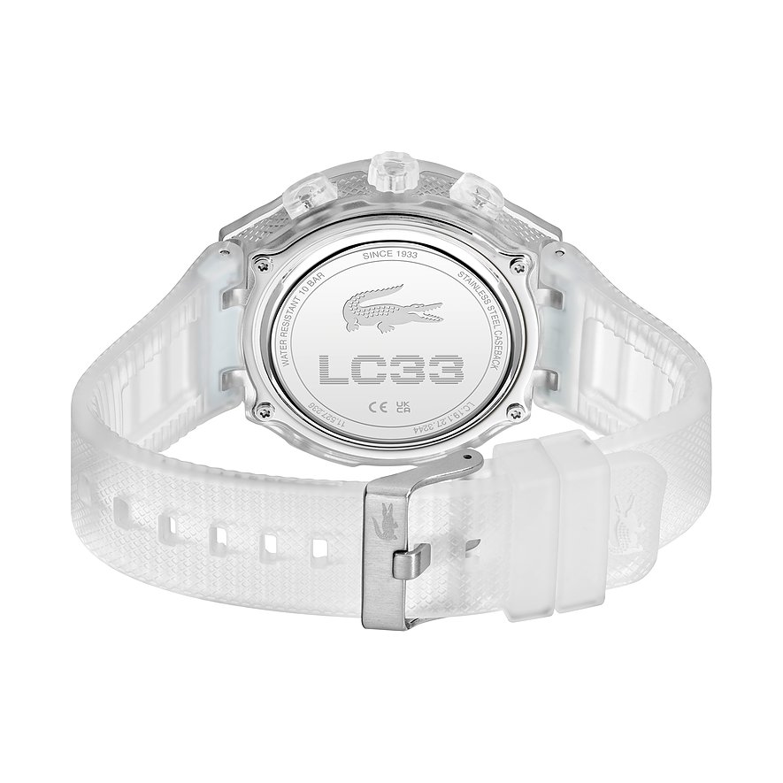 Rückseite einer Lacoste Herrenuhr aus Edelstahl und Kunststoff mit weißem Armband, das Schmetterlingsverschluss zeigt.
