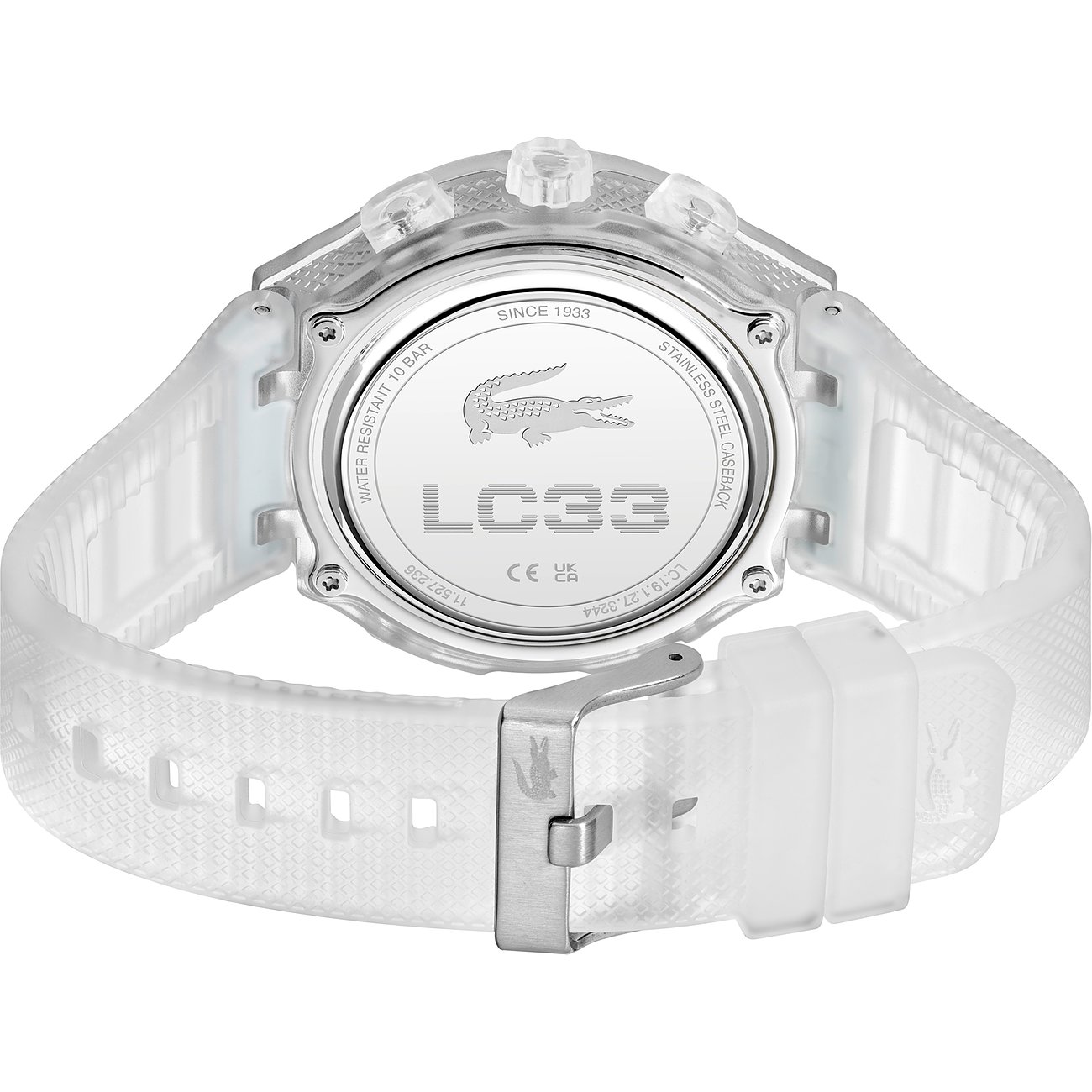 Rückseite einer Lacoste Herrenuhr aus Edelstahl und Kunststoff mit weißem Armband, das Schmetterlingsverschluss zeigt.