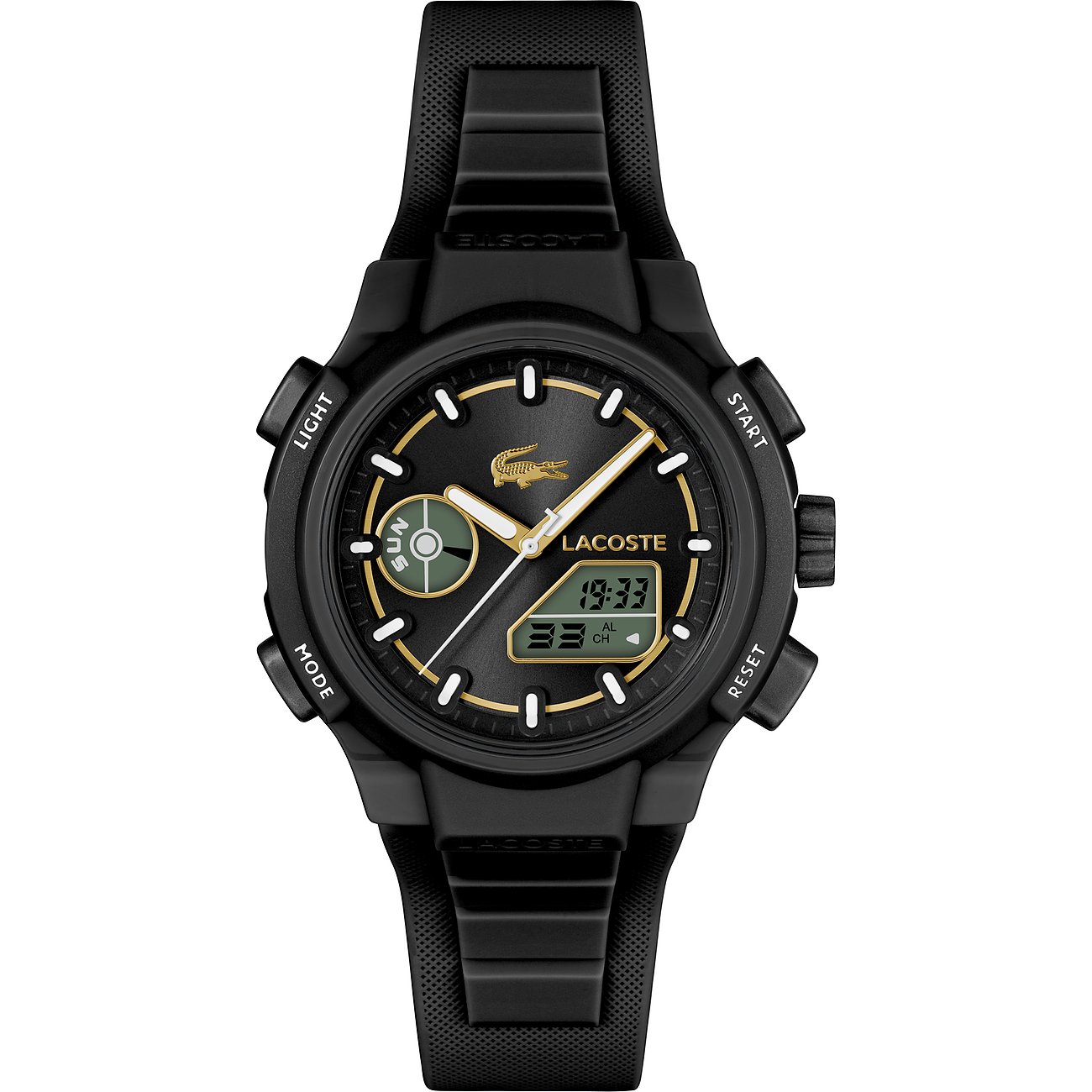 Die Lacoste Damenuhr aus schwarzem Kunststoff und silbernem Edelstahl kombiniert analoge und digitale Anzeigen.