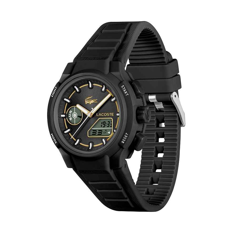 Lacoste Damenuhr aus schwarzem Edelstahl und Kunststoff mit digitaler und analoger Anzeige und goldenen Akzenten.