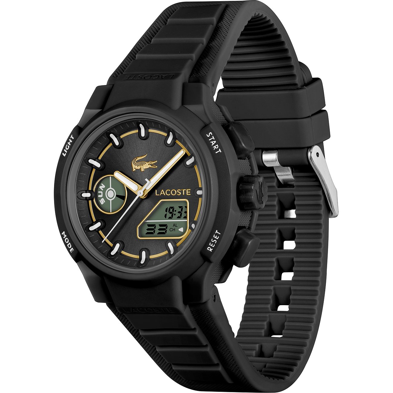 Lacoste Damenuhr aus schwarzem Edelstahl und Kunststoff mit digitaler und analoger Anzeige und goldenen Akzenten.