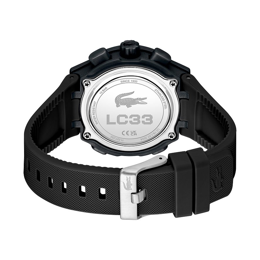 Rückansicht der Lacoste Damenuhr mit schwarzem Kunststoffarmband, silbernem Edelstahlgehäuse und Krokodil-Gravur.