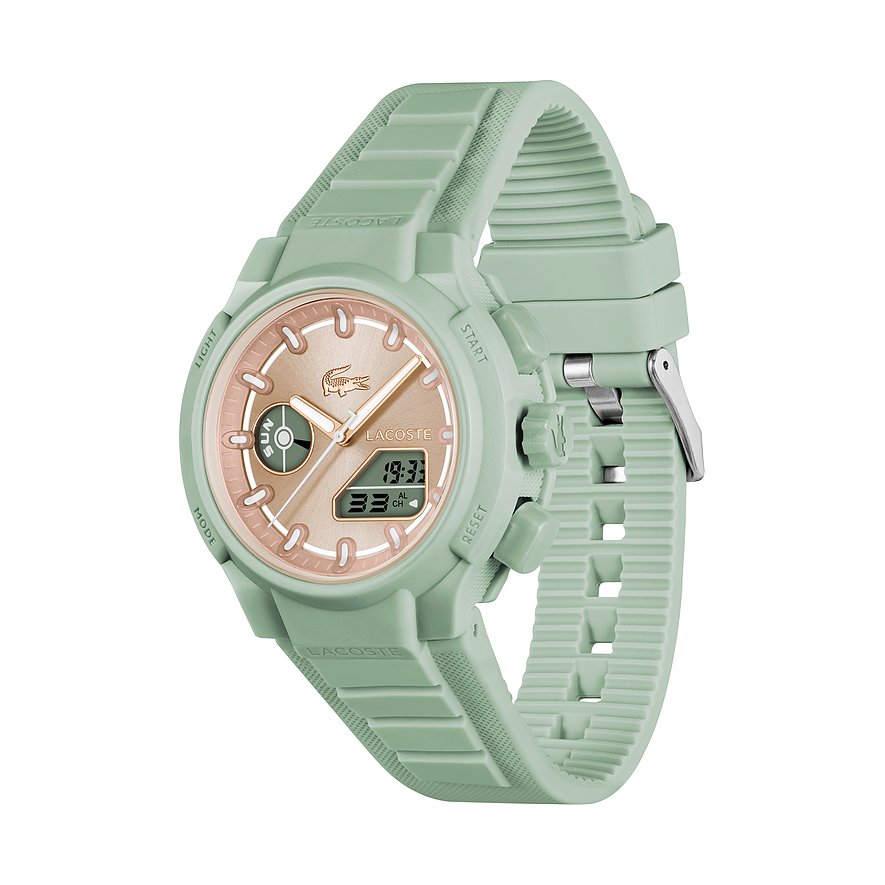 Lacoste Damenuhr aus Edelstahl und Kunststoff in Minzgrün mit roségoldenem Zifferblatt, schräg von oben.
