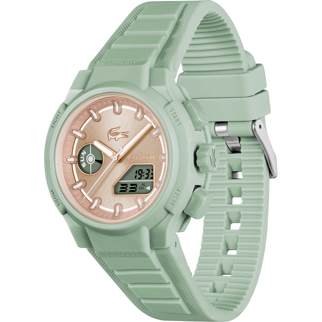 Lacoste Damenuhr aus Edelstahl und Kunststoff in Minzgrün mit roségoldenem Zifferblatt, schräg von oben.