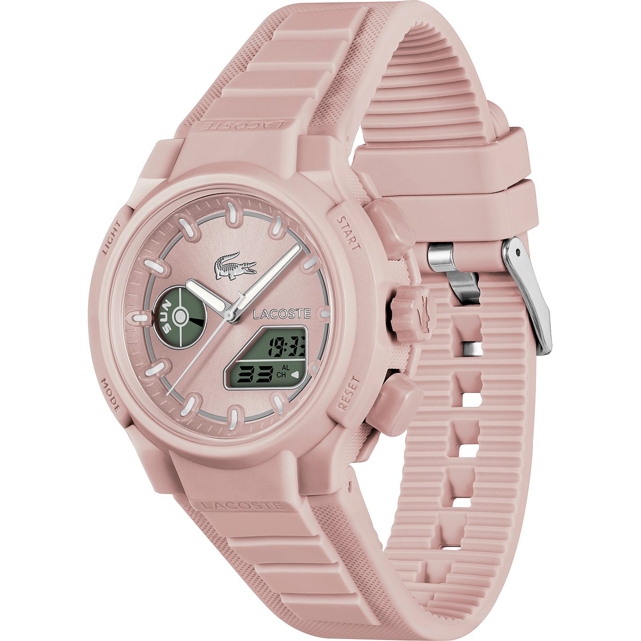 Nahaufnahme einer rosafarbenen Lacoste Damenuhr aus Edelstahl und Kunststoff, schräg von vorne gesehen.