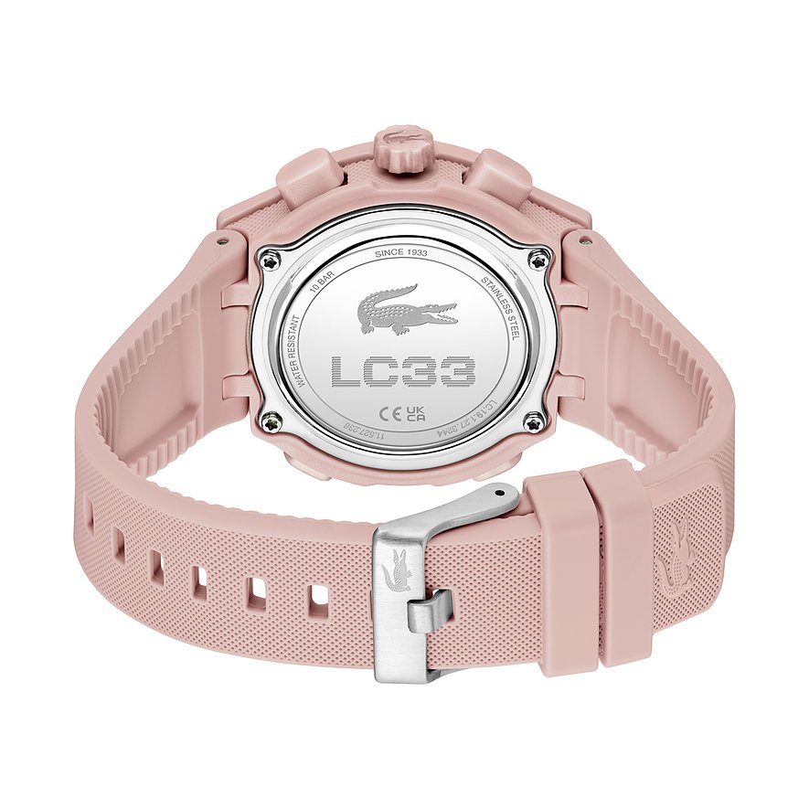 Rückansicht der Lacoste Damenuhr aus rosa Kunststoff und Edelstahl mit graviertem Lacoste Krokodil.