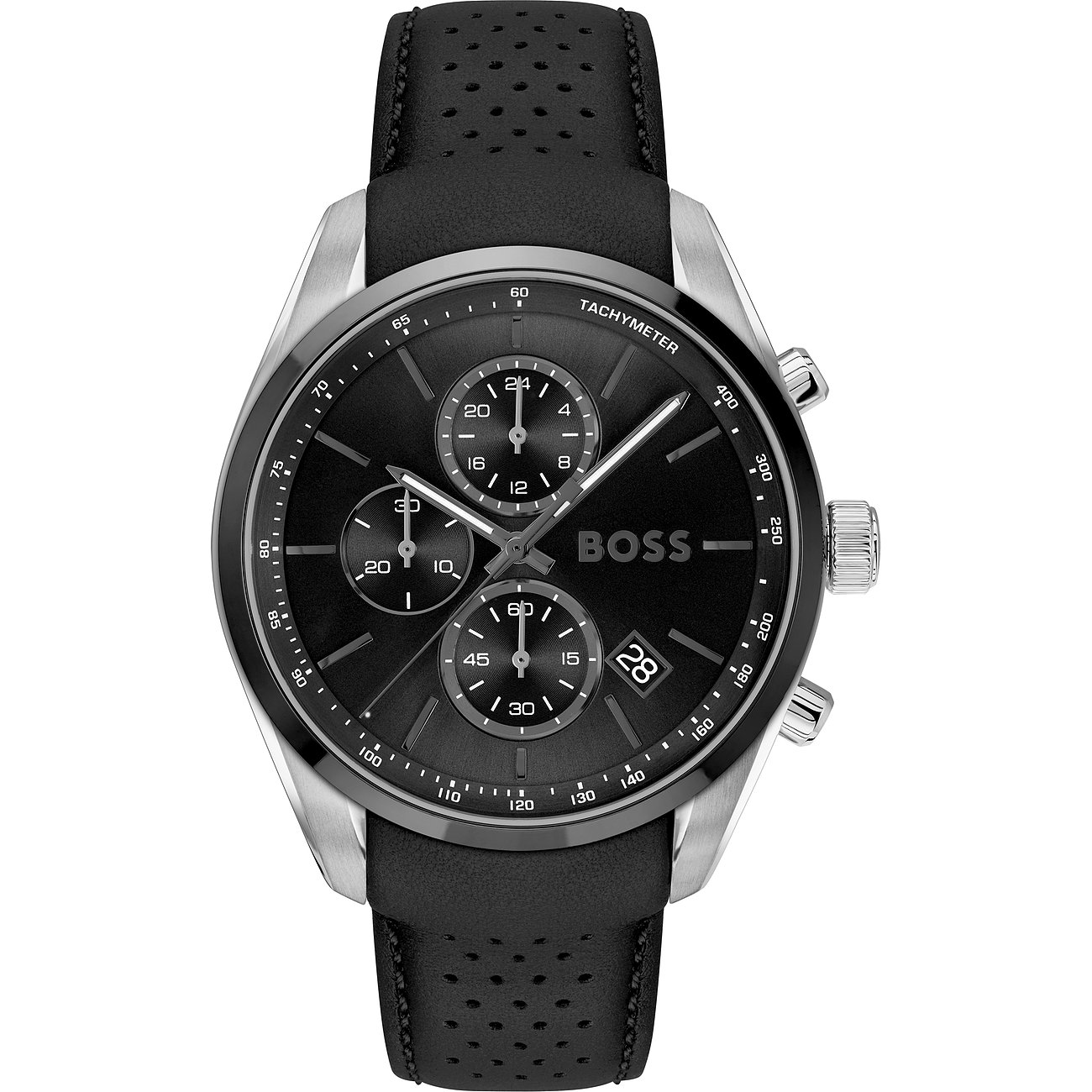 Eine Boss Herrenuhr aus Edelstahl mit schwarzem Zifferblatt und schwarzem perforiertem Lederarmband.