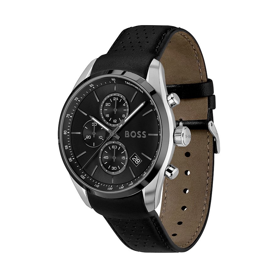 Nahaufnahme einer Boss Herrenuhr aus Edelstahl mit schwarzem Zifferblatt und Lederarmband.
