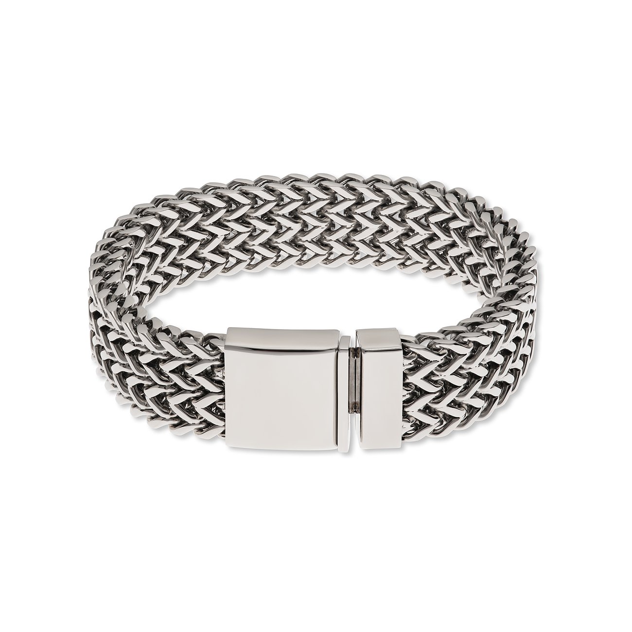 FAVS rustfrit stål armbånd med bredt, flettet kædemønster og poleret lås.