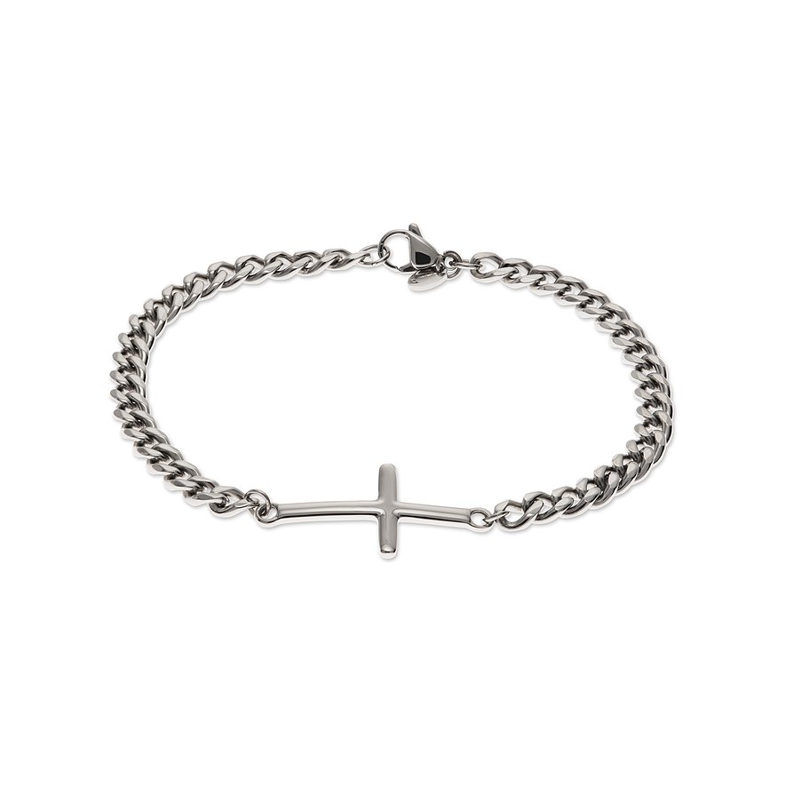 Een FAVS armband van glanzend roestvrij staal, bestaande uit een ankerketting met een kruis in het midden.
