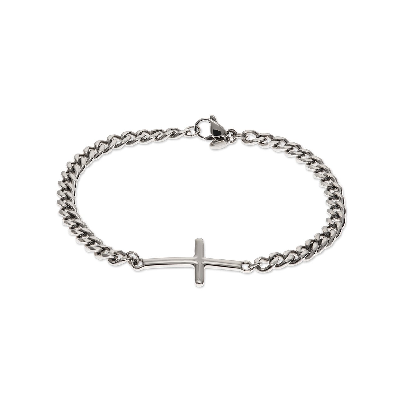 Een FAVS armband van glanzend roestvrij staal, bestaande uit een ankerketting met een kruis in het midden.