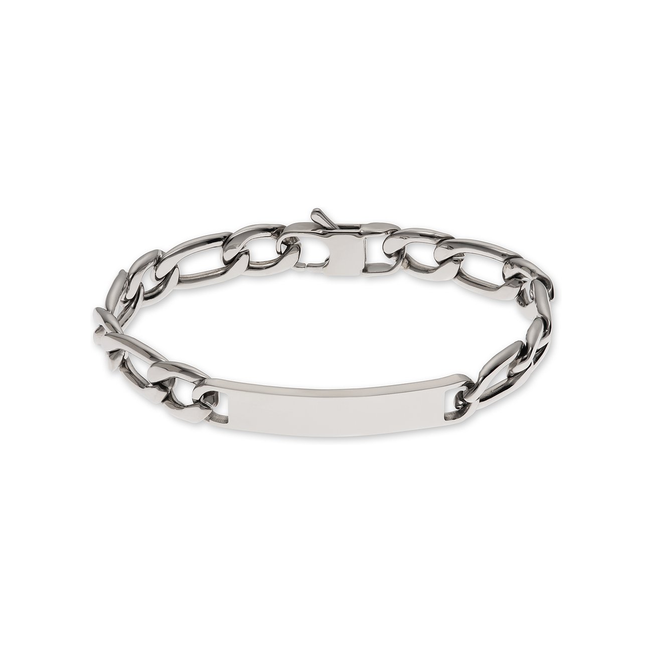 FAVS Armband aus glänzendem Edelstahl mit gravierbarer Platte, in einer 3/1-Figaro-Kettenoptik.