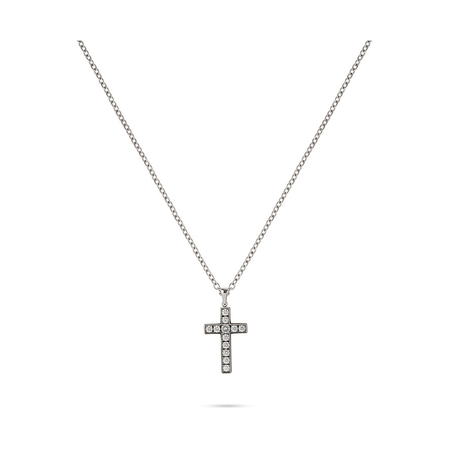 FAVS Halskette aus Edelstahl mit kreuzförmigem Anhänger, besetzt mit Zirkonia-Farbsteinen.