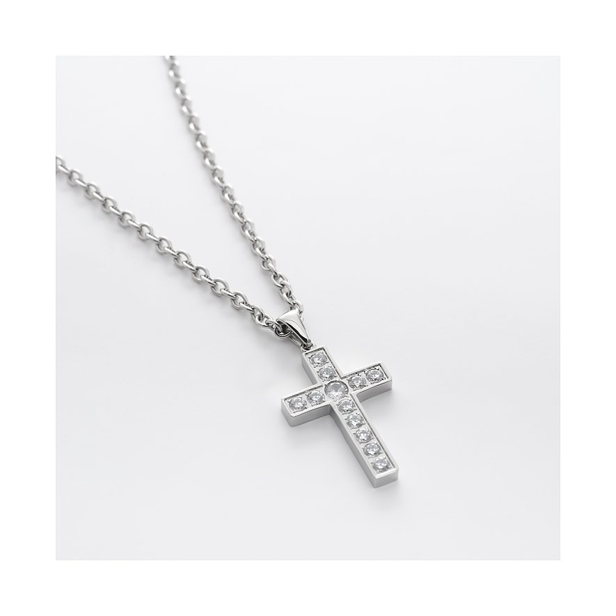 FAVS Halsschmuck: Eine silberne Edelstahl-Halskette mit einem Kreuzanhänger, besetzt mit Zirkonia, schräg von oben.