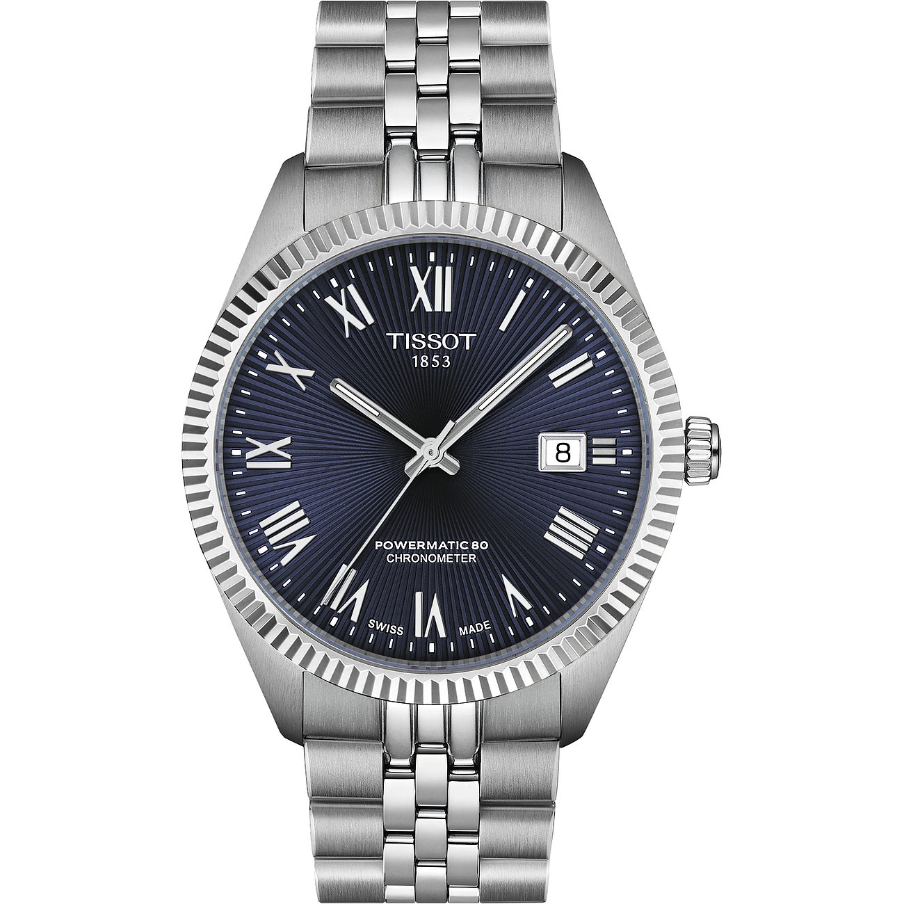 Tissot Herrenuhr aus Edelstahl mit geriffelter Lünette und blauem Zifferblatt mit römischen Ziffern.