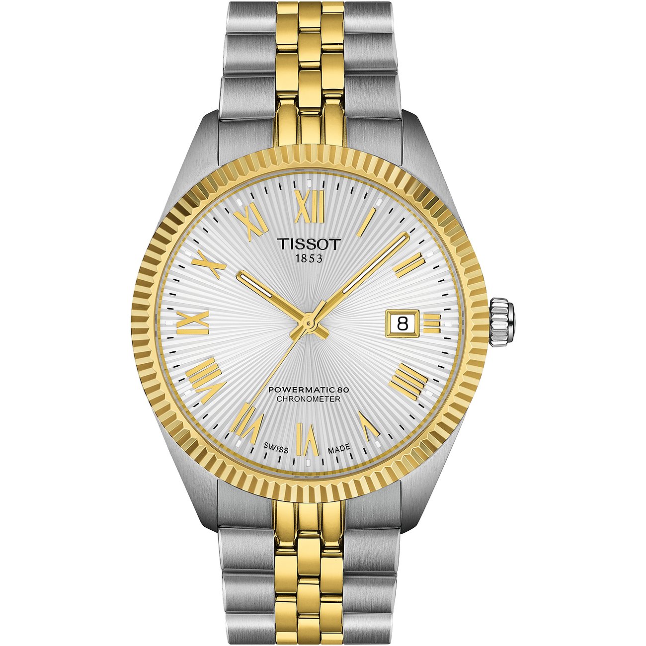 Tissot Herrenuhr aus Edelstahl in Silber und Gold, mit weißem Zifferblatt und römischen goldenen Ziffern.