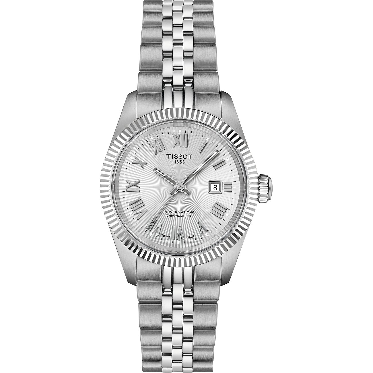 Tissot Damenuhr aus Edelstahl mit geriffelter Lünette und silbernem Zifferblatt mit römischen Ziffern.
