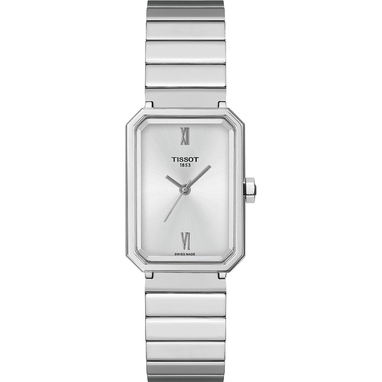 Tissot Damenuhr aus Edelstahl mit rechteckigem Gehäuse und silbernem Zifferblatt mit römischen Ziffern.