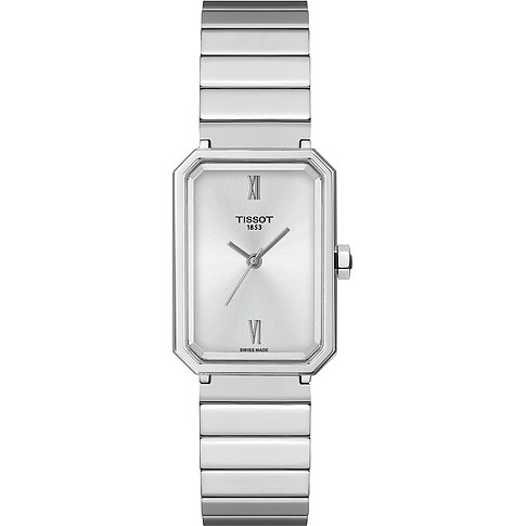 Tissot Damenuhr aus Edelstahl mit rechteckigem Gehäuse und silbernem Zifferblatt mit römischen Ziffern.