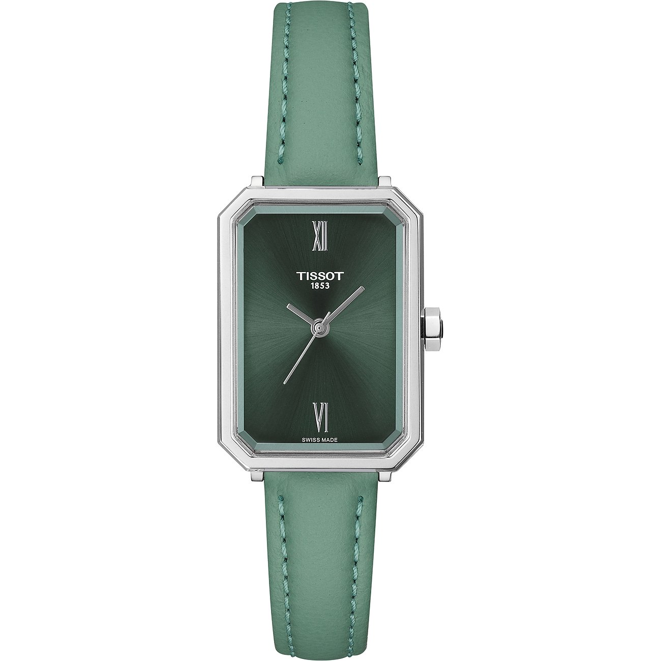 Tissot Damenuhr mit rechteckigem Edelstahlgehäuse, grünem Zifferblatt und grünem Lederarmband, frontale Ansicht.