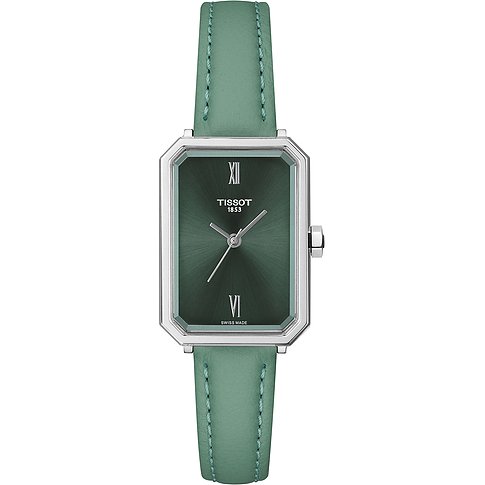 Tissot Damenuhr mit rechteckigem Edelstahlgehäuse, grünem Zifferblatt und grünem Lederarmband, frontale Ansicht.