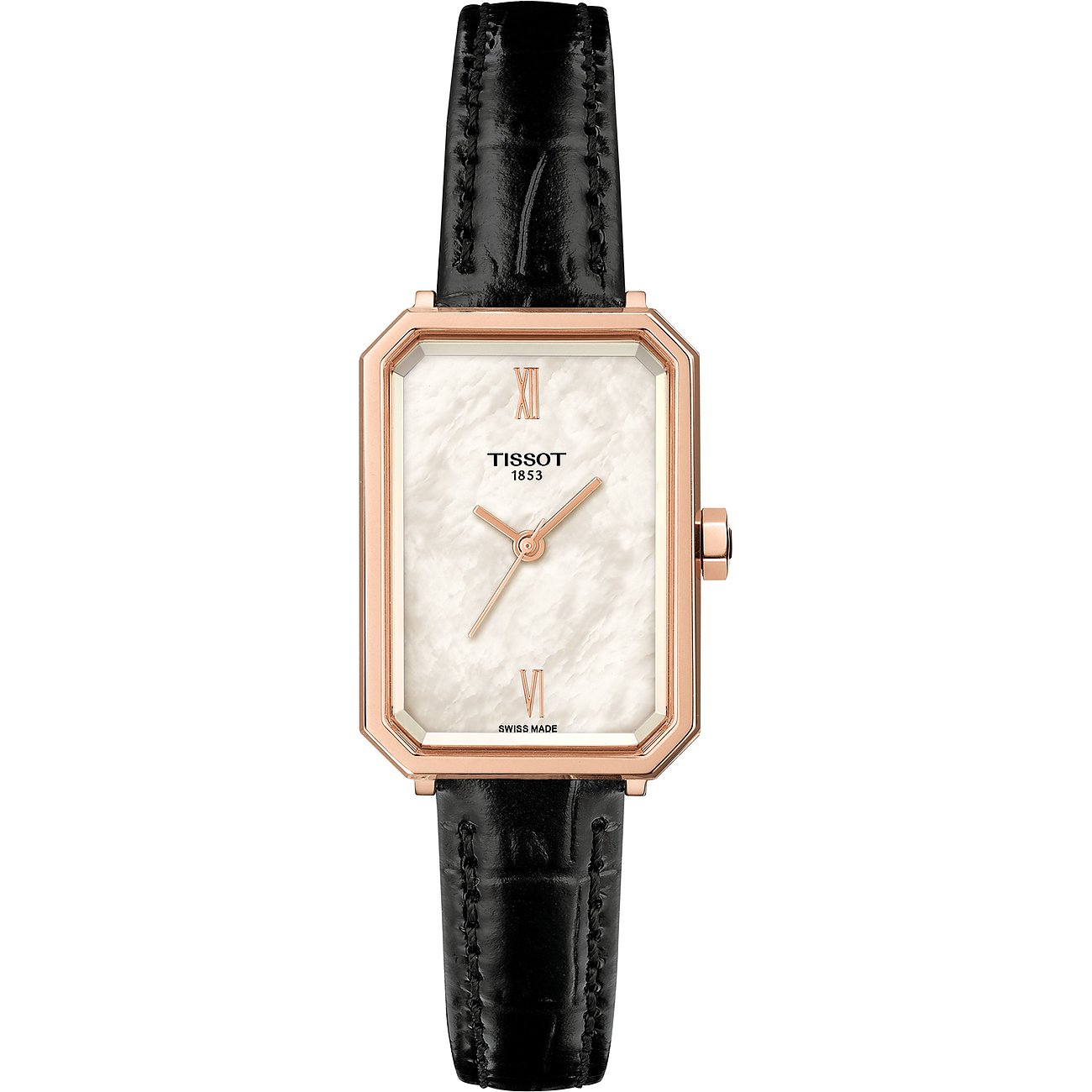 Tissot Damenuhr aus goldfarbenem Edelstahl mit rechteckigem, perlmuttfarbenem Zifferblatt und schwarzem Lederarmband.