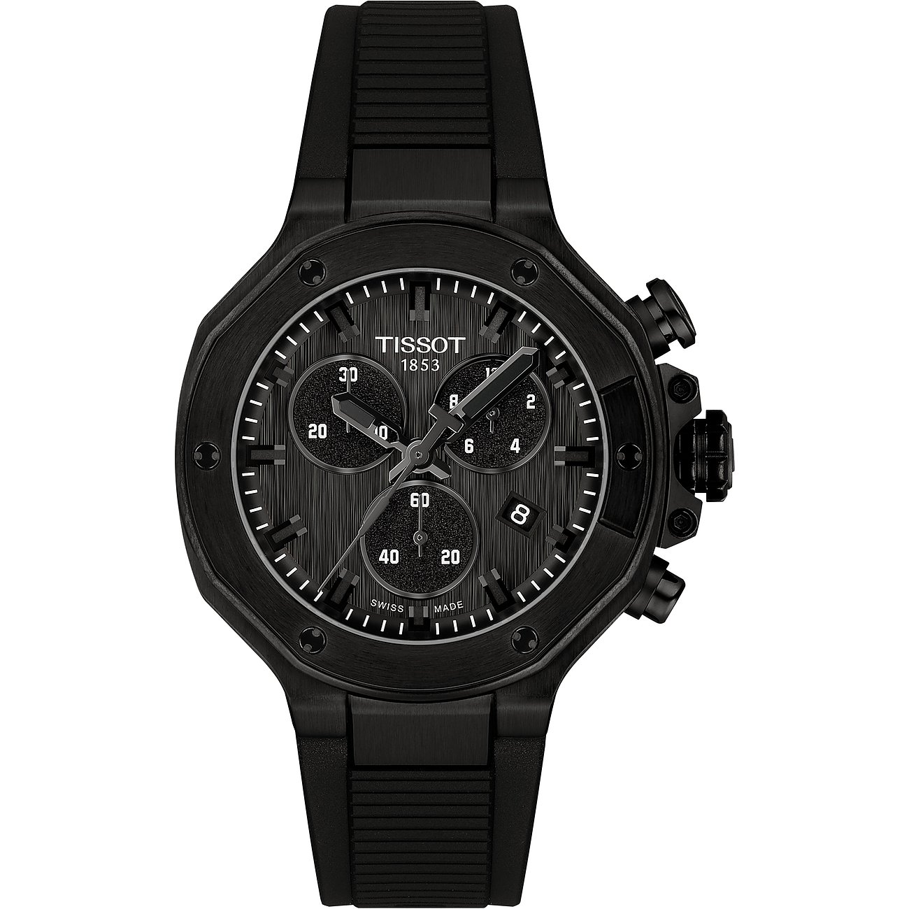 Tissot Unisexuhr aus schwarzem Edelstahl, mit Chronograph und schwarzem Zifferblatt, von oben abgebildet.