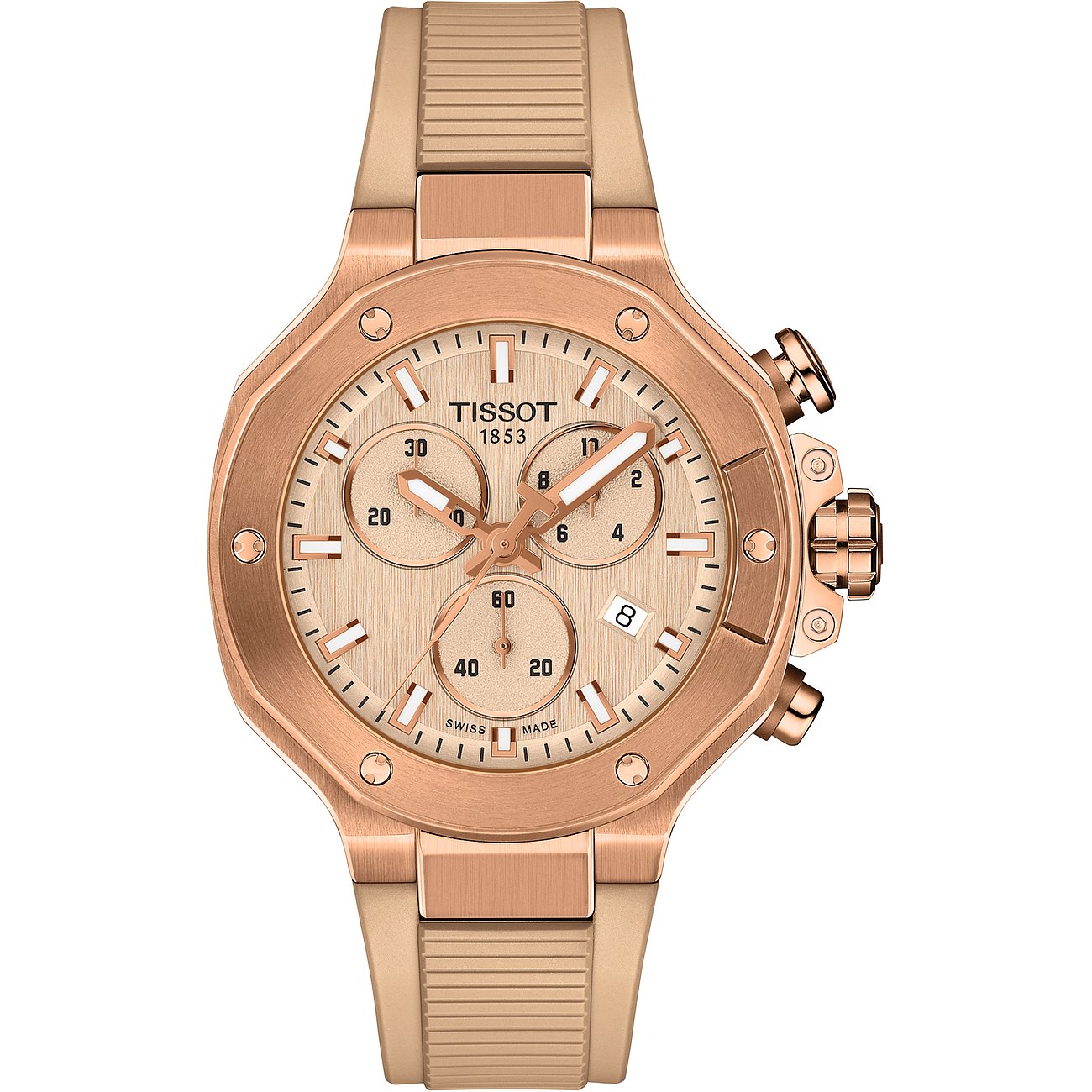 Eine Tissot Unisexuhr aus roségoldfarbenem Edelstahl mit Chronograph, drei Hilfszifferblättern und beigefarbenem Armband.