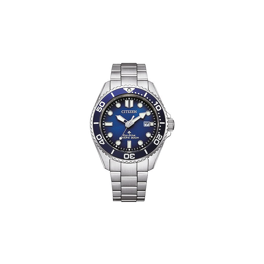 Citizen Herrenuhr aus Edelstahl mit blauem Zifferblatt und Lünette, frontal aufgenommen.