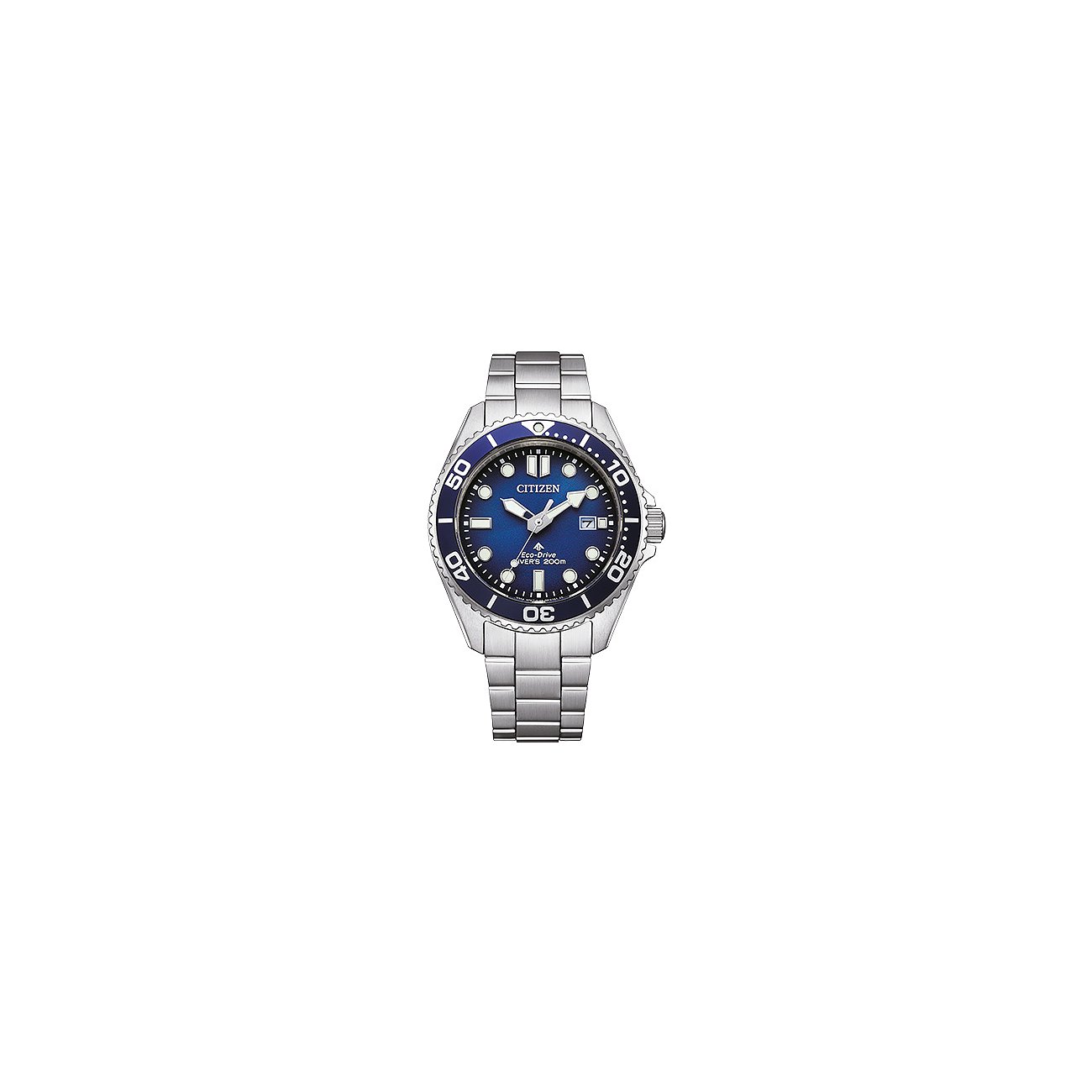 Citizen Herrenuhr aus Edelstahl mit blauem Zifferblatt und Lünette, frontal aufgenommen.