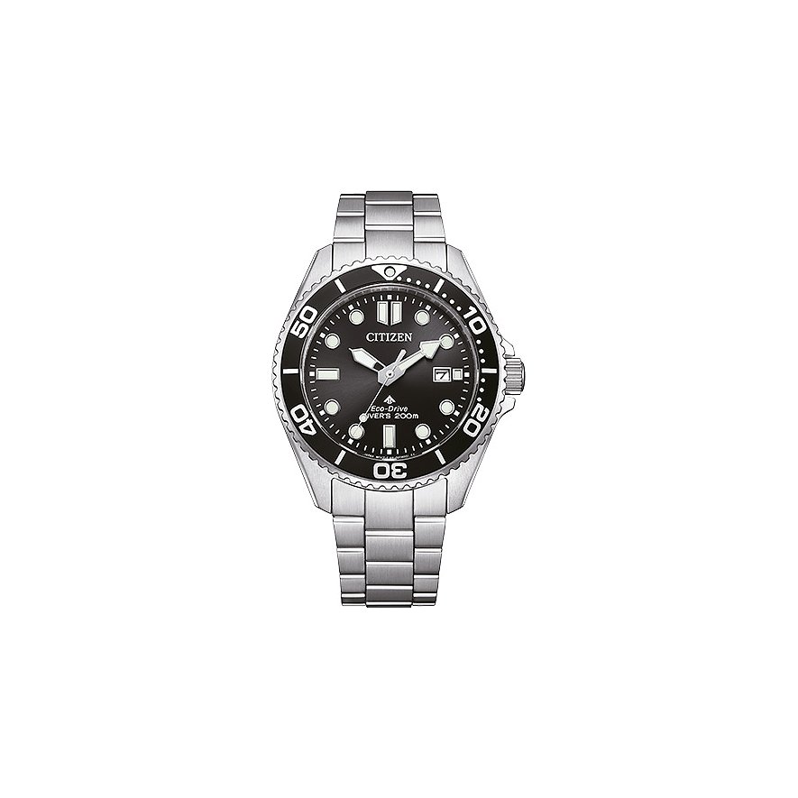 Citizen Herrenuhr aus Edelstahl mit dunklem Zifferblatt, silbernem Armband und schwarzer Lünette.