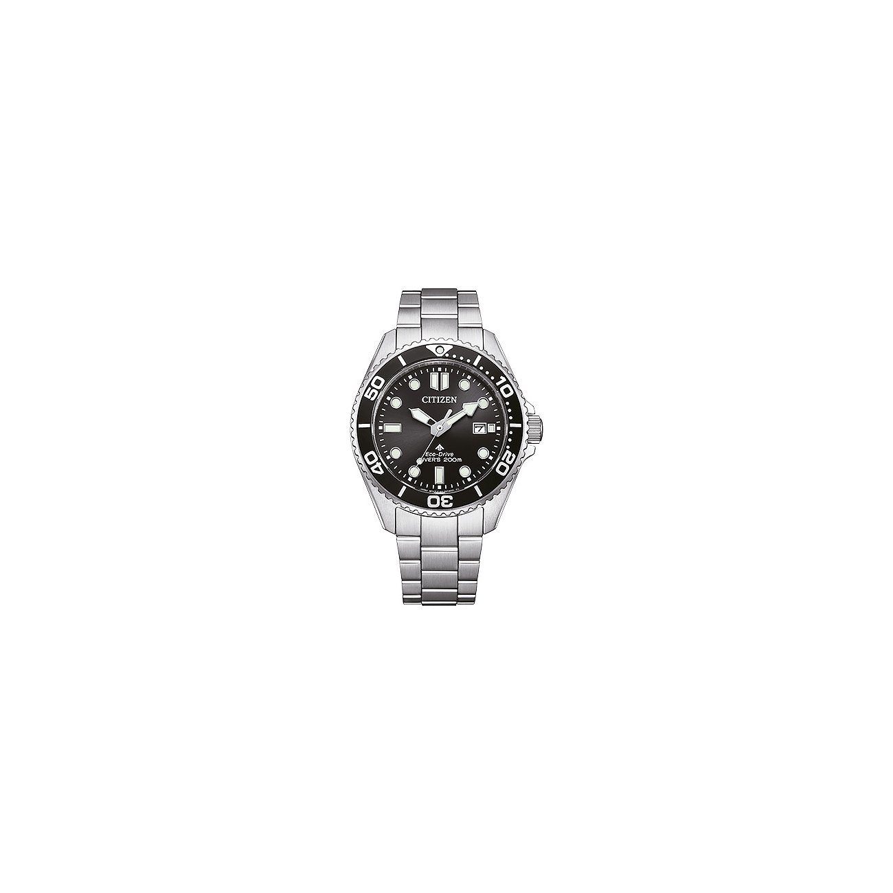 Citizen Herrenuhr aus Edelstahl mit dunklem Zifferblatt, silbernem Armband und schwarzer Lünette.