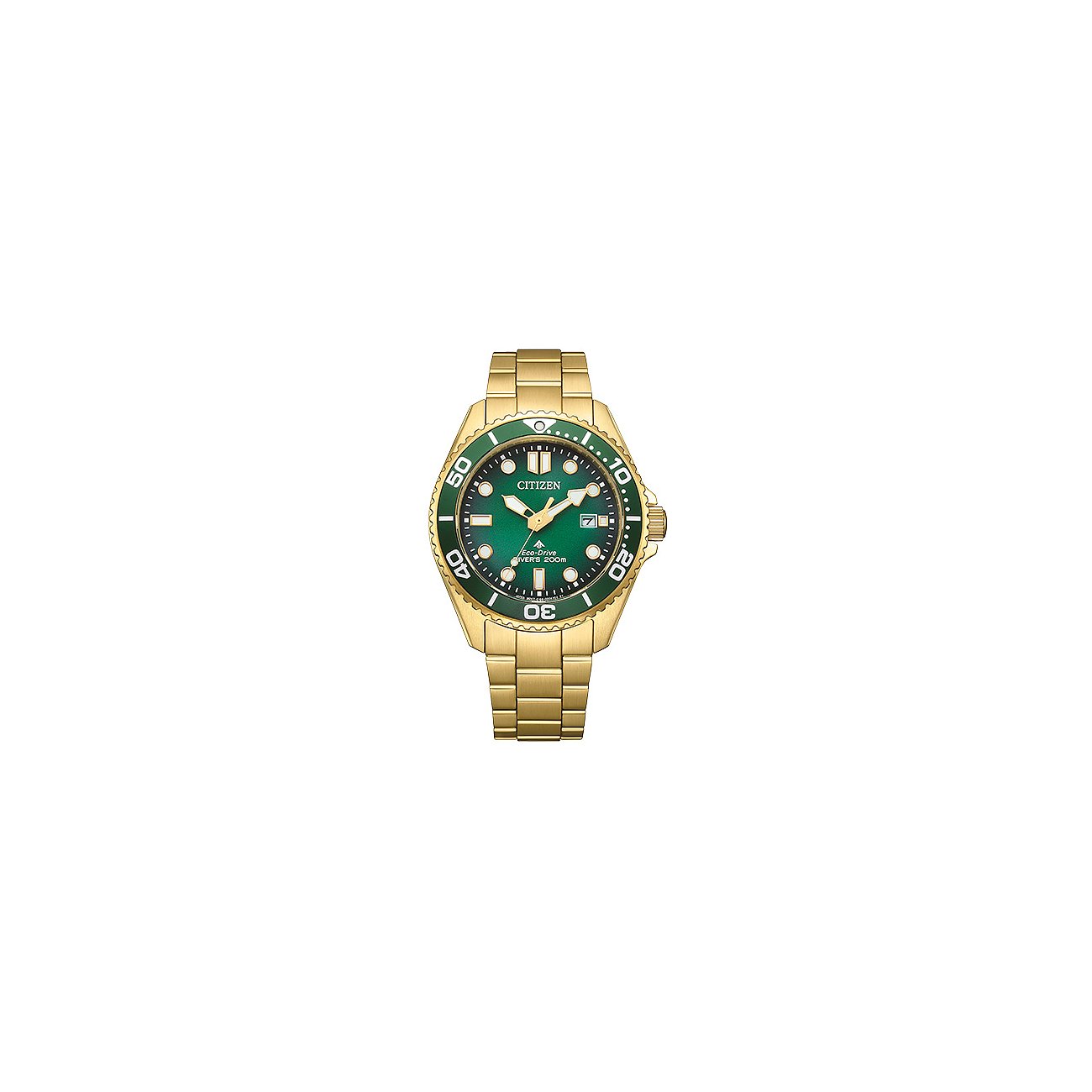Die Citizen Herrenuhr aus goldfarbenem Edelstahl hat ein grünes Zifferblatt und eine grüne Lünette.