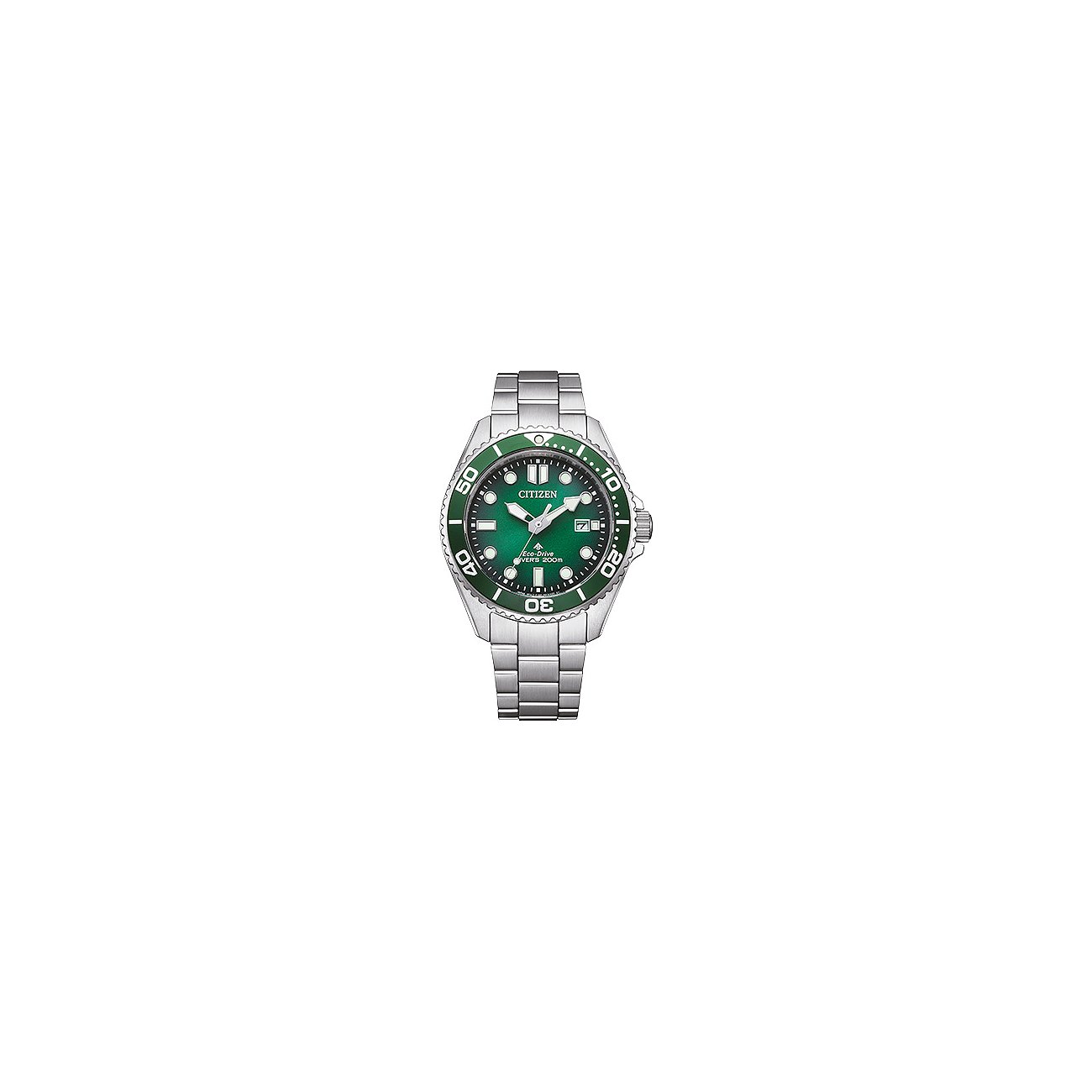 Citizen herenhorloge van roestvrij staal met lichtgevende groene wijzerplaat en lunette, gemarkeerd op twaalf uur.