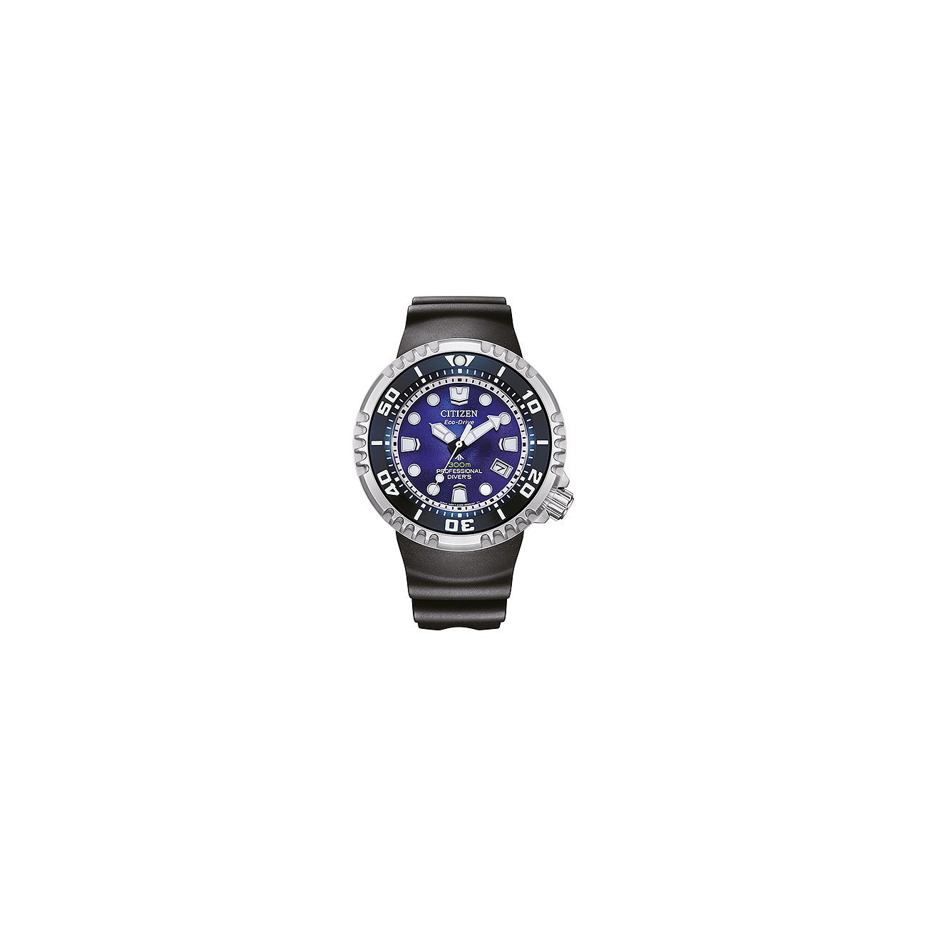Citizen Herrenuhr aus blauem und schwarzem Edelstahl mit schwarzem Silikonarmband, die das Zifferblatt zeigt.