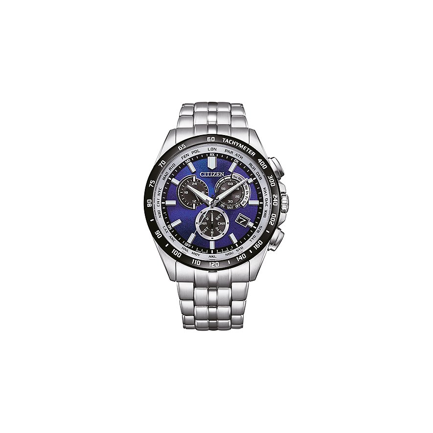 Eine Citizen Herrenuhr aus Edelstahl mit einem satten, blauen Zifferblatt und Chronographenfunktionen.