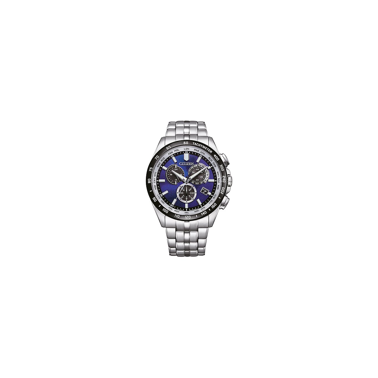 Eine Citizen Herrenuhr aus Edelstahl mit einem satten, blauen Zifferblatt und Chronographenfunktionen.