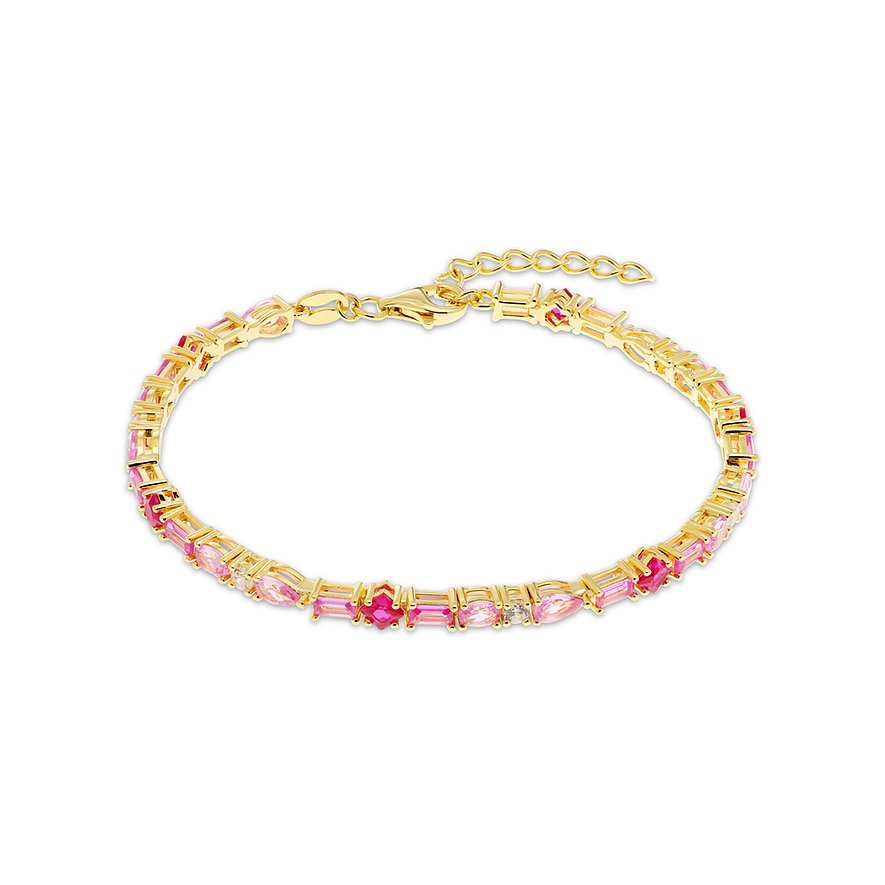 Ein CHRIST Armschmuck aus vergoldetem recycelten 925er Silber, besetzt mit farbigen Zirkonia in Rosa und Rot.