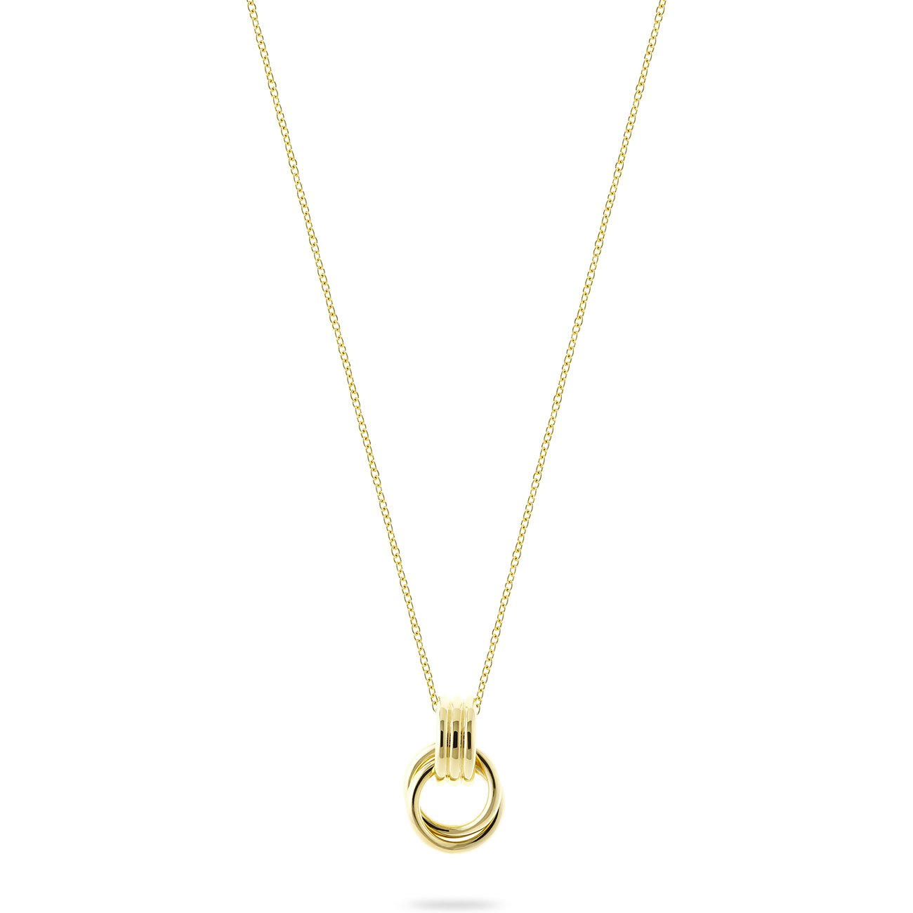 CHRIST halsketting met een goudkleurige hanger van gerecycled zilver, die twee in elkaar gestrengelde ringen toont.