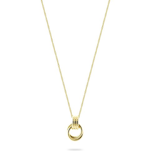 CHRIST halsketting met een goudkleurige hanger van gerecycled zilver, die twee in elkaar gestrengelde ringen toont.