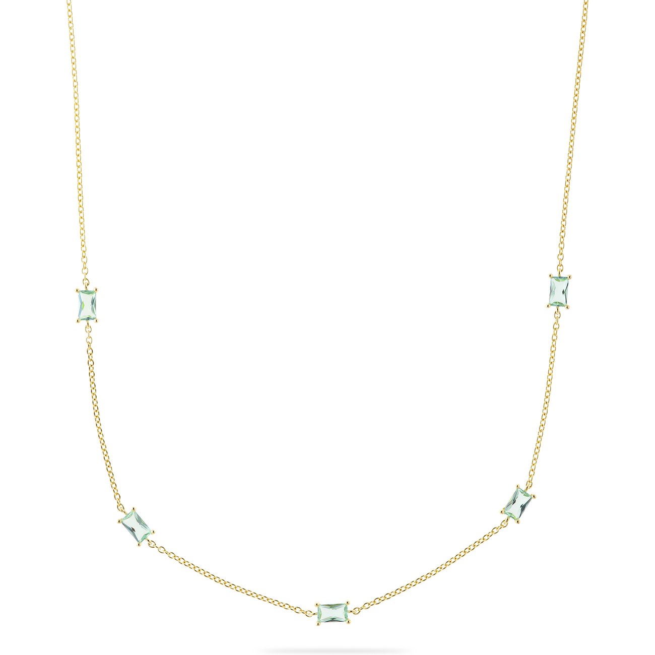 CHRIST ketting van verguld gerecycled zilver met vijf rechthoekige groene zirkonia edelstenen.